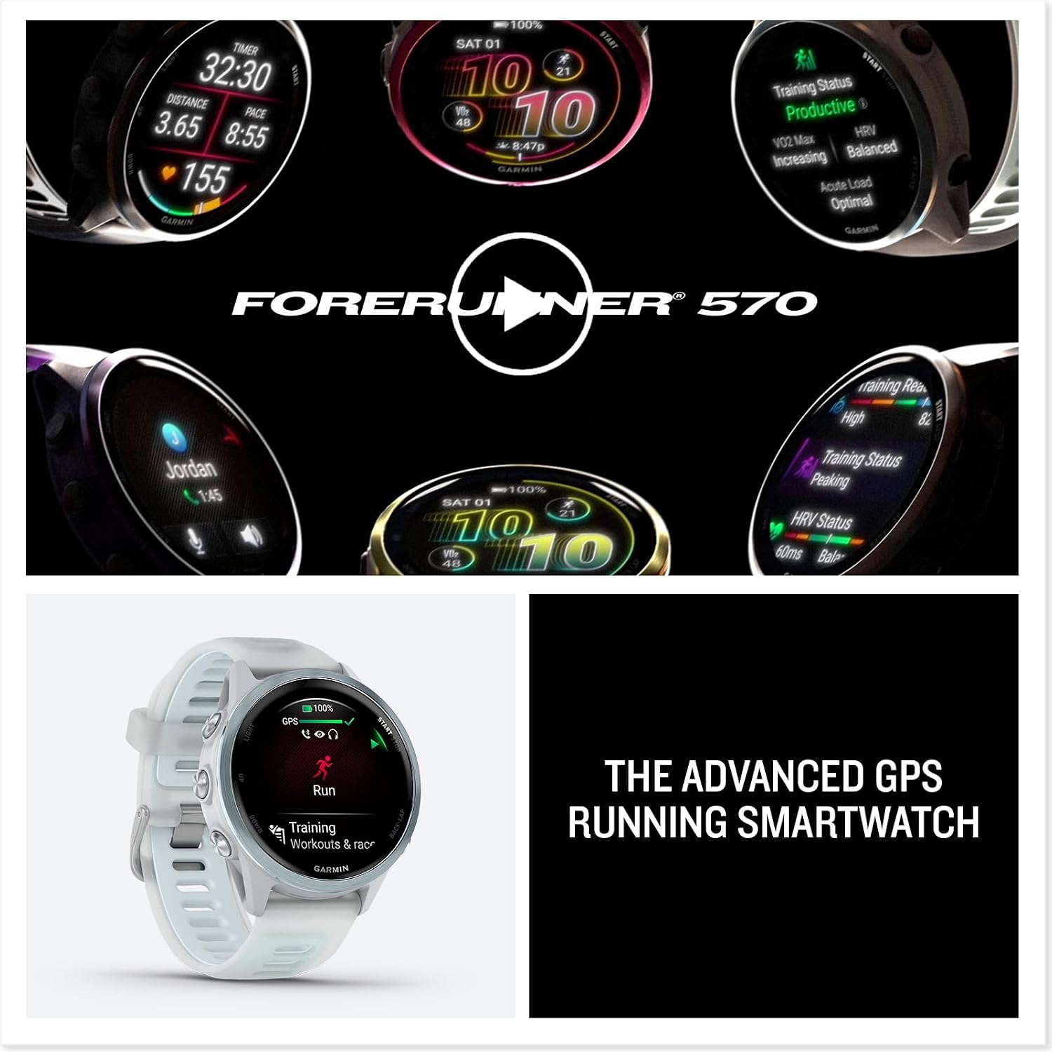 PlayBetter Garmin Forerunner 570 (42 mm, Cloud Blue/Translucent Whitestone) Running GPS Smartwatch - AMOLED Display, Training & Recovery - Bundle Portable Charger & HD Screen Protectors