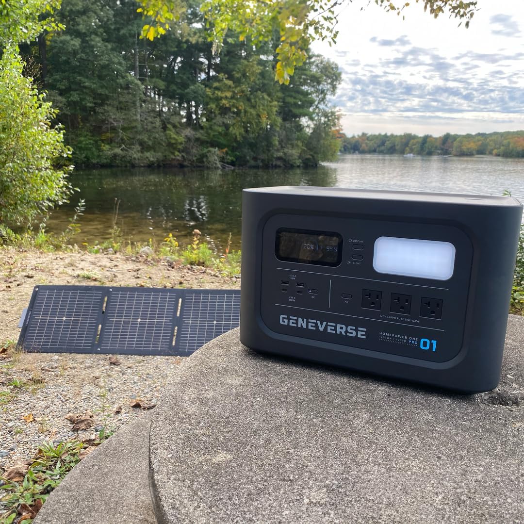 Geneverse 1210Wh Solar Generator Bundle: 1X HomePower ONE PRO Power Station (3X 1200W AC Outlets) + 2X 100W Mini Solar Panels. Indoor-Safe, LiFePO4 Backup Battery Generator for Home. (60-GVUS-SG2M2)
