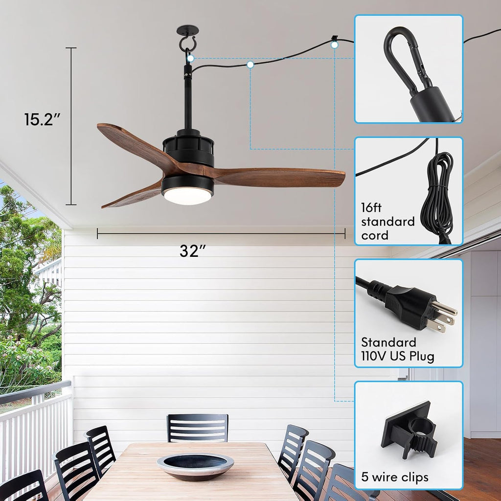EKIZNSN Gazebo Fans Outdoor Hanging with Remote, 32' Gazebo Ceiling Fan with Light Hook Installation for Outside Porch, Pergola, Garage