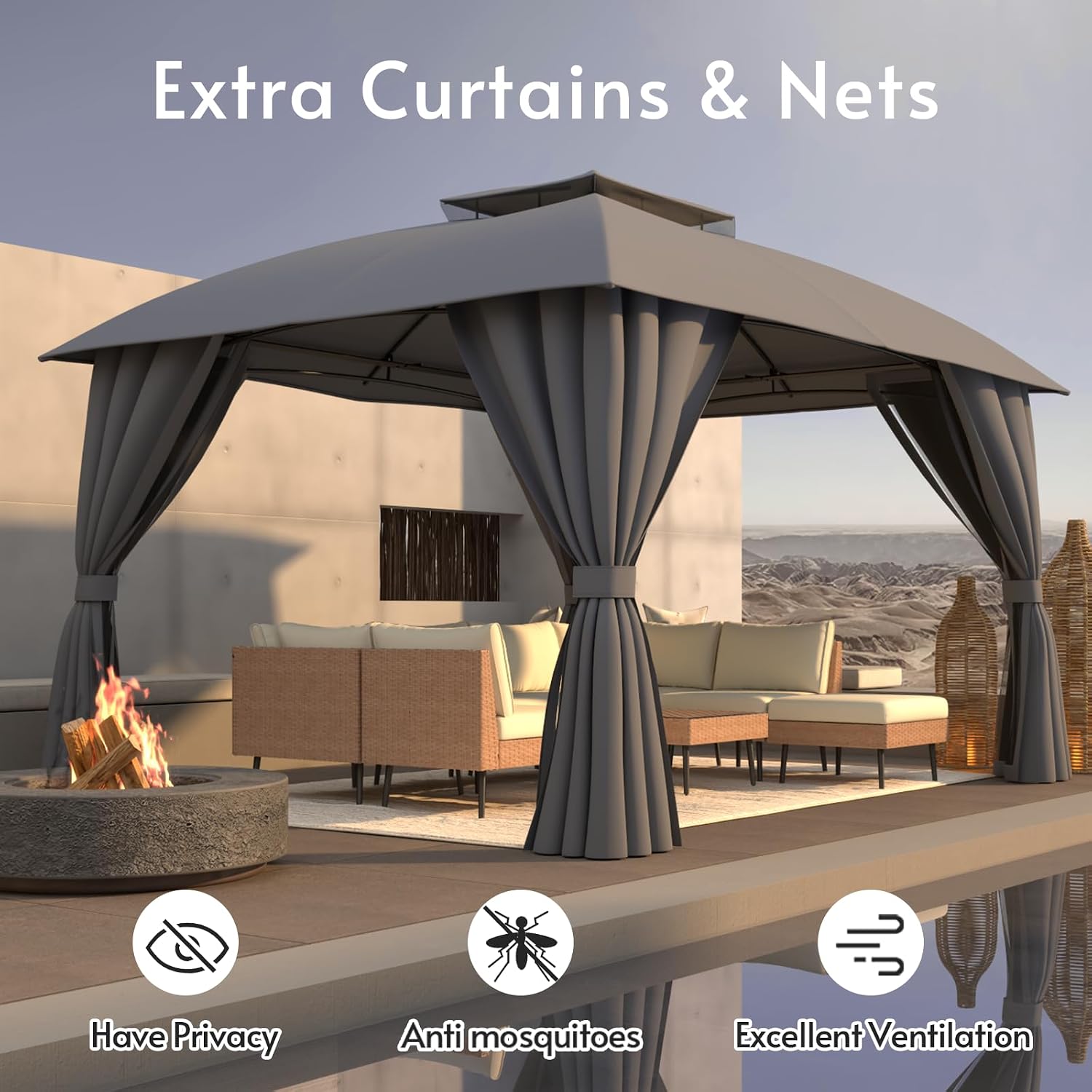 Outdoor Gazebo 10x12 with Double Roof, Patio Gazebo with Netting & Curtain Included. Trapezoidal Support System for Enhanced Stability, Perfect for Patio, Deck, Backyard
