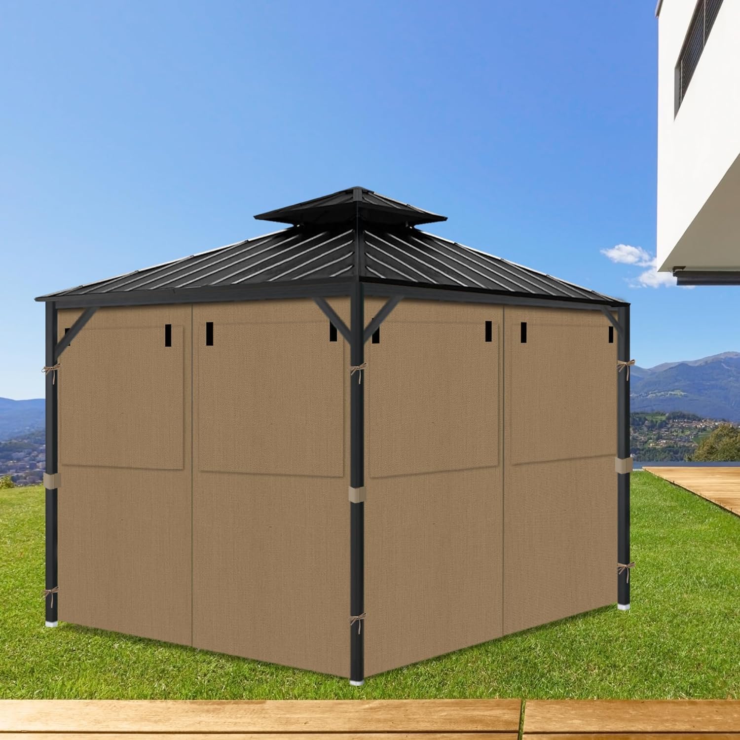Gazebo Privacy Curtains 10' x 10' with Mosquito Windows, 4-Panels Side Wall with Zipper Universal Replacement for Patio, Outdoor Canopy, Garden and Backyard, Khaki (Curtain Only)