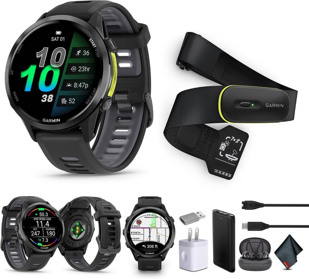 Garmin Forerunner 970 Running Smartwatch, GPS Fitness Watch for Men and Women, Carbon Gray DLC Titanium with Black Case/Translucent Whitestone Band + Access 600 Fitness Monitor, M-XL + More