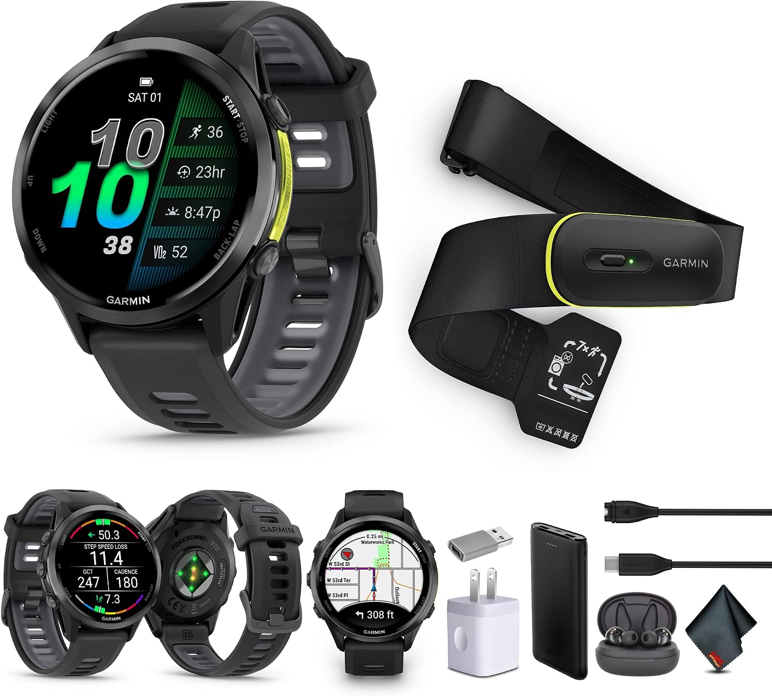 Garmin Forerunner 970 Running Smartwatch, GPS Fitness Watch for Men and Women, Carbon Gray DLC Titanium with Black Case/Translucent Whitestone Band + Access 600 Fitness Monitor, M-XL + More