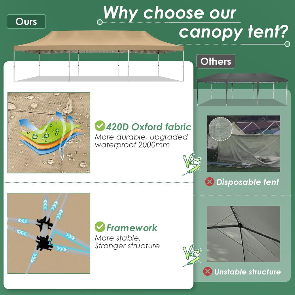 COBIZI 10x30 Pop Up Canopy Party Tents for Parties Waterproof Outdoor Event Shelter with 8 Sidewalls Camping Commercial Wedding Portable Easy to Set up Gazebo Tent for Backyard, Khaki