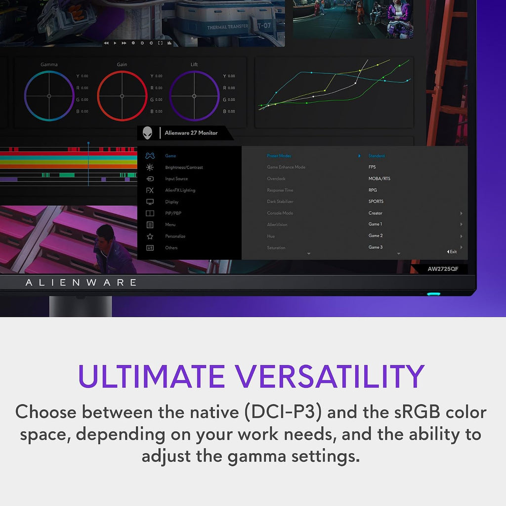 Alienware 27 4K Dual-Resolution Gaming Monitor - AW2725QF - 4K at 180Hz and FHD at 360Hz, 0.5ms GTG 1ms GTG (Extreme Mode), VESA AdaptiveSync, NVIDIA G-SYNC Compatible, HDMI/DP/USB 3.2 Gen1 - Black