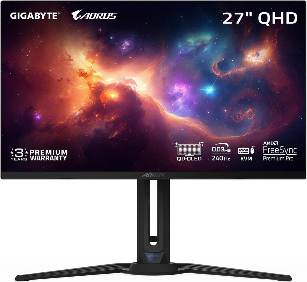 GIGABYTE - AORUS FO27Q2 (SA) - 27' QD-OLED Gaming Monitor - QHD 2560x1440-240Hz - 0.03ms GTG - AMD FreeSync Premium Pro - Type C KVM - HDMI, DP, Type C - Height Adjustable - Black