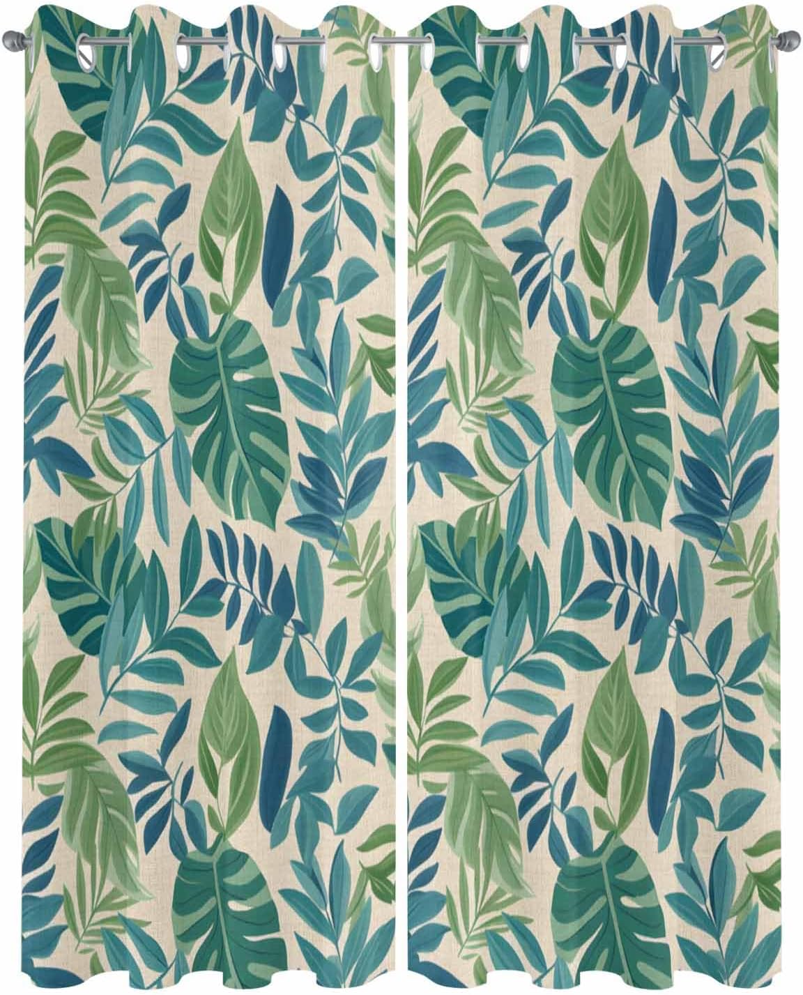 Summer Tropical Plants Outdoor Curtain for Patio Waterproof, Green Leaves Rustic Burlap Texture Outside Curtains with Grommet Top Curtain Panels Drapes for Pergola, Gazebo, Balcony 54'W x 95'L 2 Pcs
