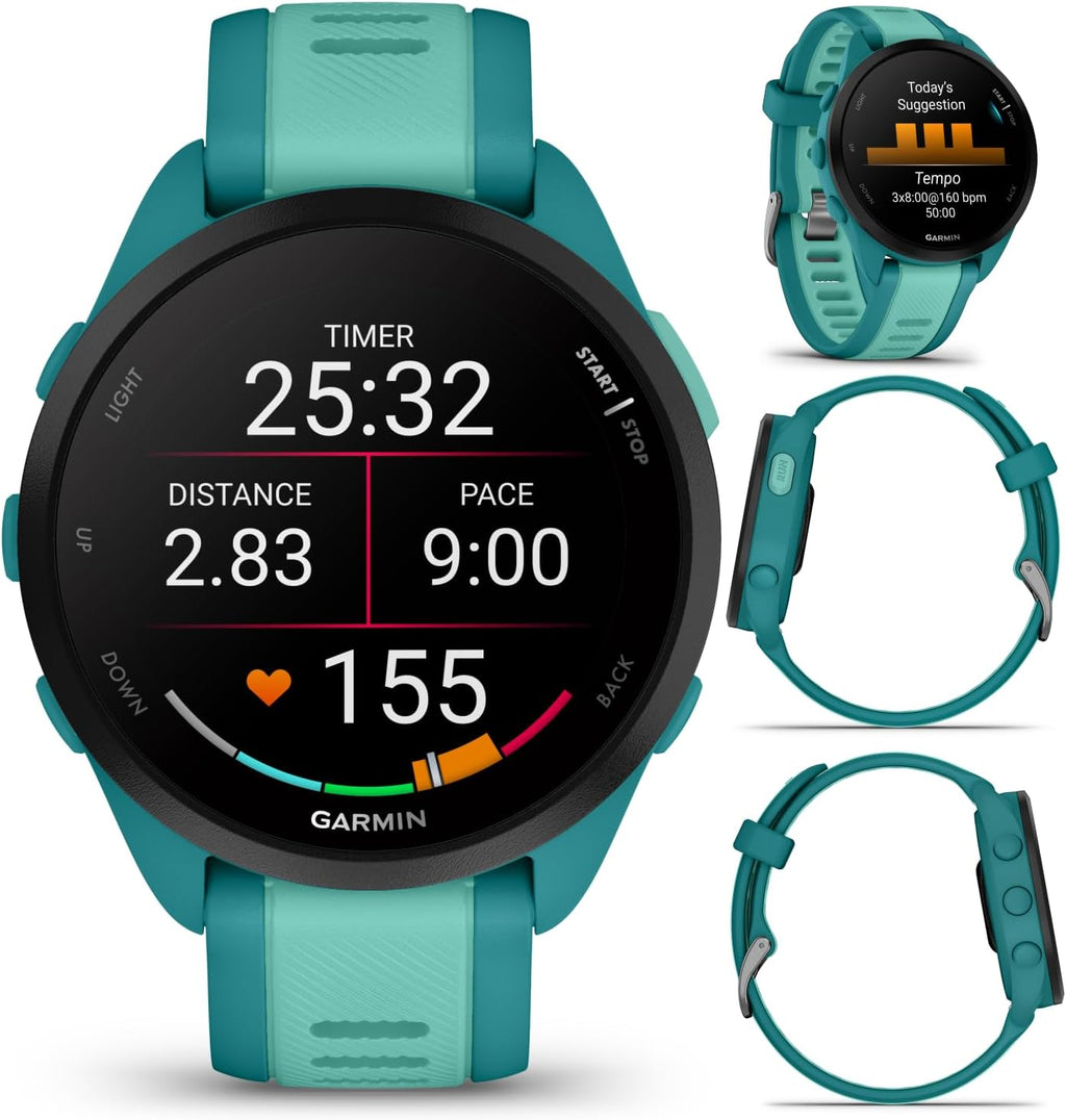 Garmin Forerunner 165 Music Running Smartwatch, Colorful AMOLED Touchscreen, Training Metrics and Recovery Insights Includes PowerPack and Adapters Bundle, Turquoise/Aqua