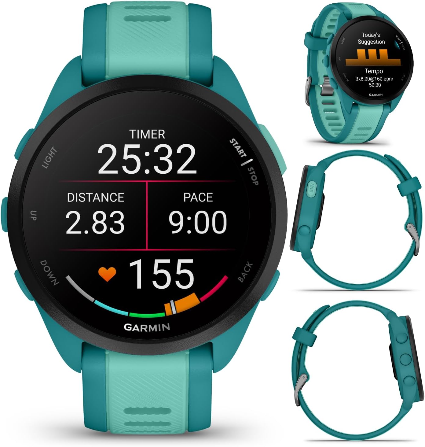 Garmin Forerunner 165 Music Running Smartwatch, Colorful AMOLED Touchscreen, Training Metrics and Recovery Insights Includes PowerPack and Adapters Bundle, Turquoise/Aqua