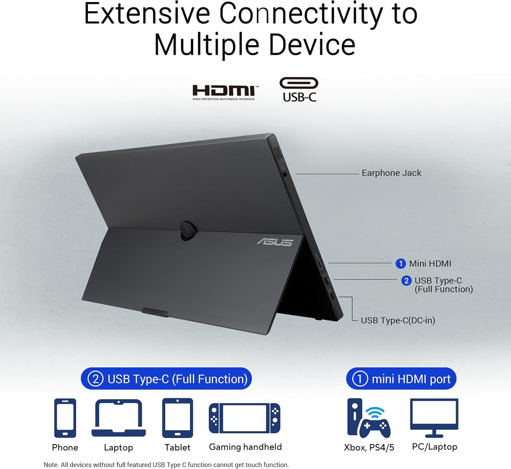 ASUS ZenScreen Touch 16' USB-C Portable Monitor (MB16AMTR) - Full HD, IPS, Built-in Battery, Kickstand, Tripod Socket, Eye Care, Compatible with Laptops, Smartphones and Game Consoles, 3 yr Warranty
