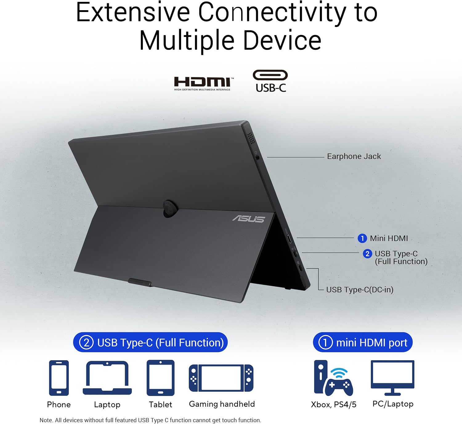ASUS ZenScreen Touch 16' USB-C Portable Monitor (MB16AMTR) - Full HD, IPS, Built-in Battery, Kickstand, Tripod Socket, Eye Care, Compatible with Laptops, Smartphones and Game Consoles, 3 yr Warranty