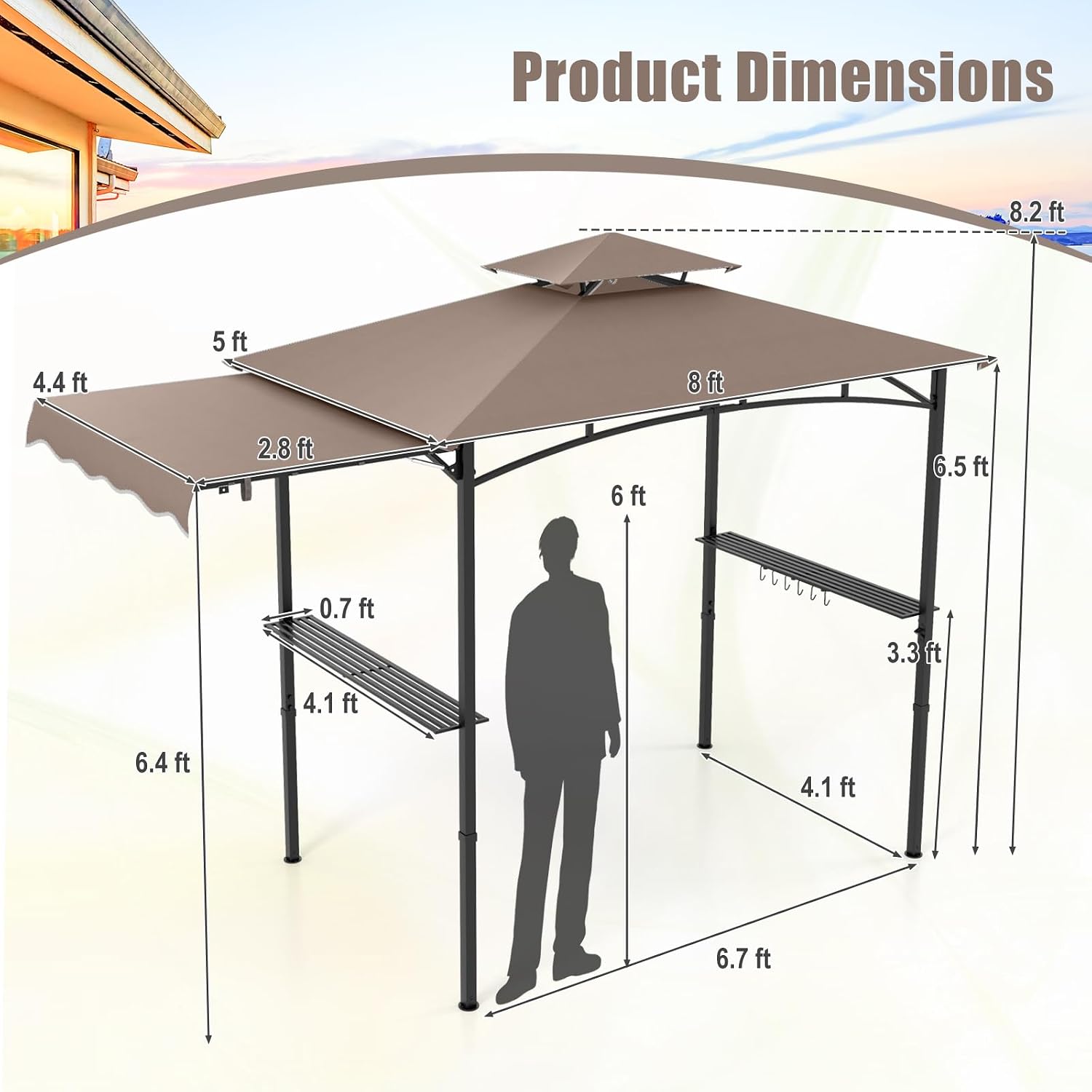 HAPPYGRILL Outdoor Grill Gazebo Canopy 11 x 5 FT, Barbecue Canopy with Double-Tiered Top, 2 Side Shelves, Hanging Hooks, Bottle Opener, Metal Frame, BBQ Grilling Shelter