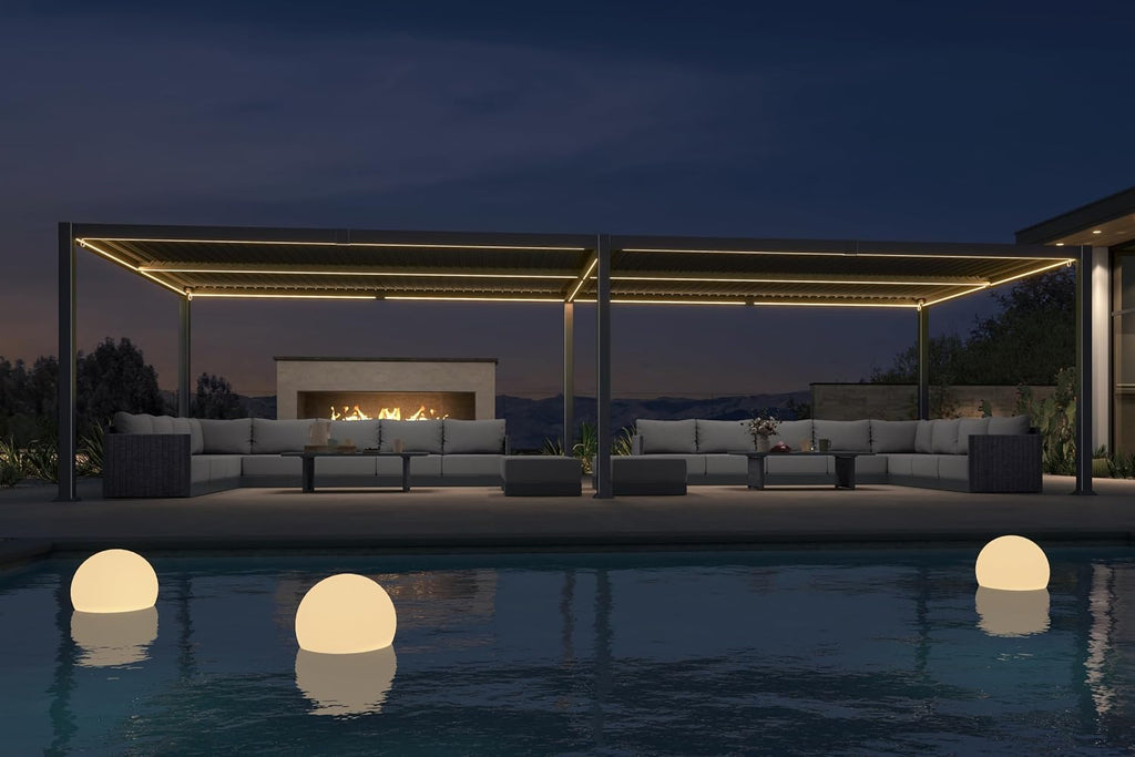 PURPLE LEAF Large Louvered Pergola 92KS 13' x 30' with Integrated Solar LED Strip Light Adjustable Aluminum Roof Weather-Resistant Pergolas for Outdoor Patio Garden Yard Gray