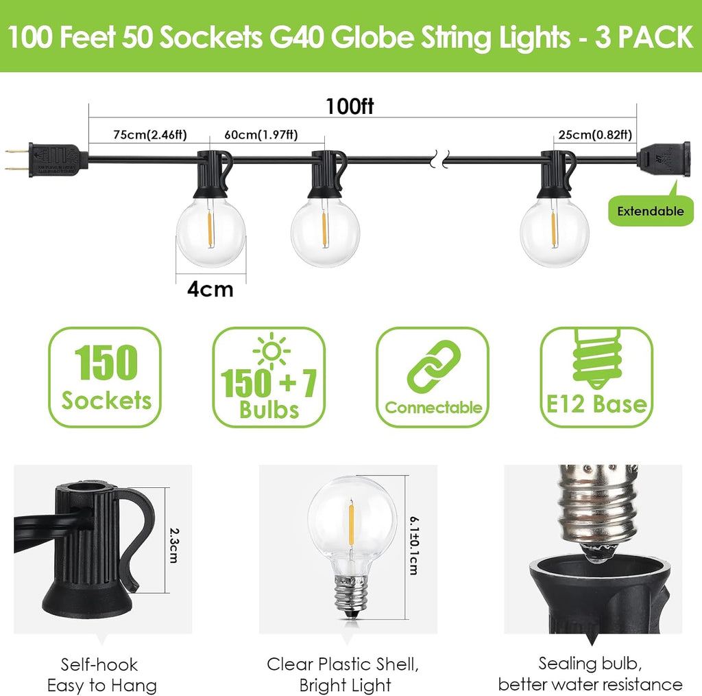 Mlambert 300Ft(3x100Ft) LED Outdoor String Lights Dimmable Waterproof G40 Globe Patio Lights with 150+7 Warm White Bulbs for Backyard Cafe-Black Cord