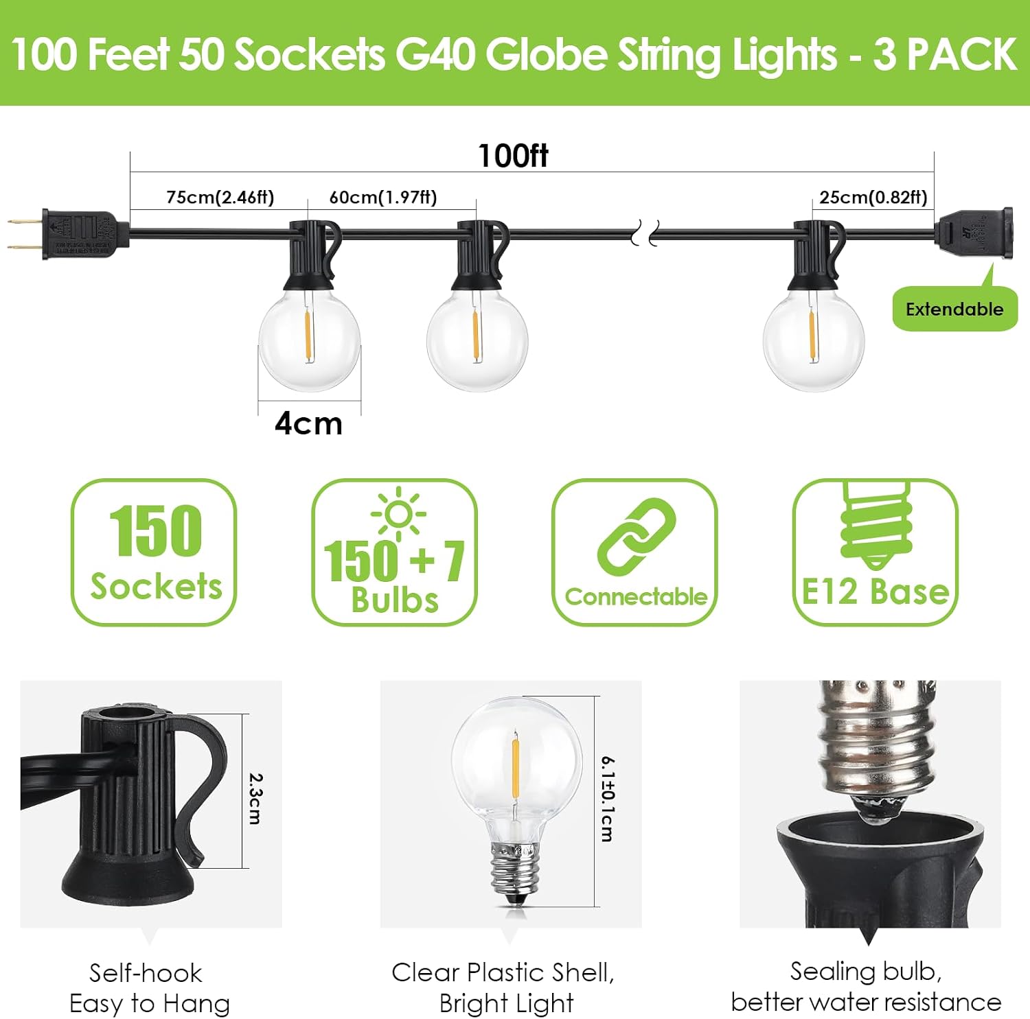 Mlambert 300Ft(3x100Ft) LED Outdoor String Lights Dimmable Waterproof G40 Globe Patio Lights with 150+7 Warm White Bulbs for Backyard Cafe-Black Cord