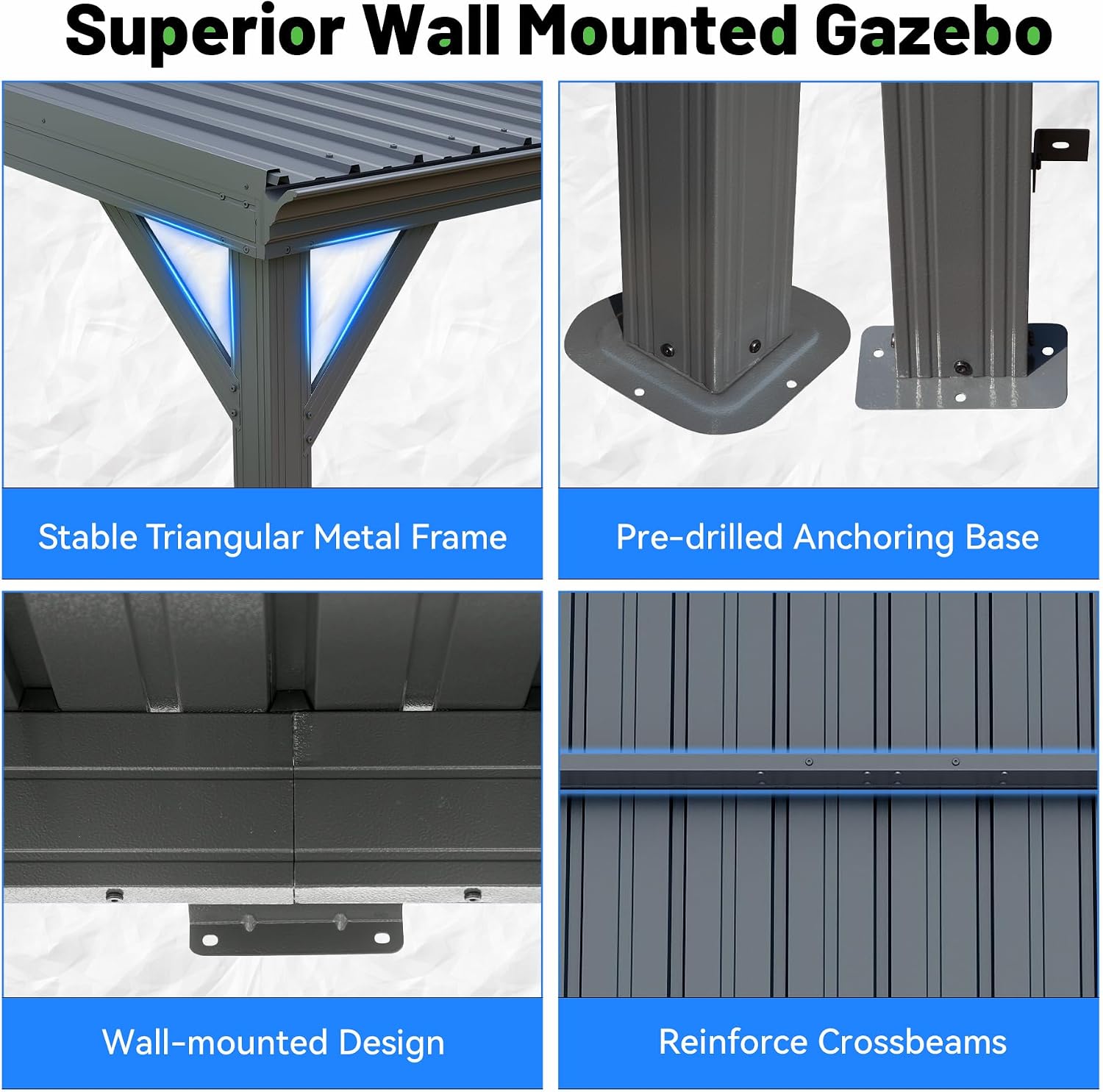 8x10FT Lean to Gazebo, Outdoor Metal Hardtop Wall Mounted Gazebo with Gutter & Sloping Galvanized Steel Roof, Hard Top Awnings/Shelter for Deck, Porch, Backyard