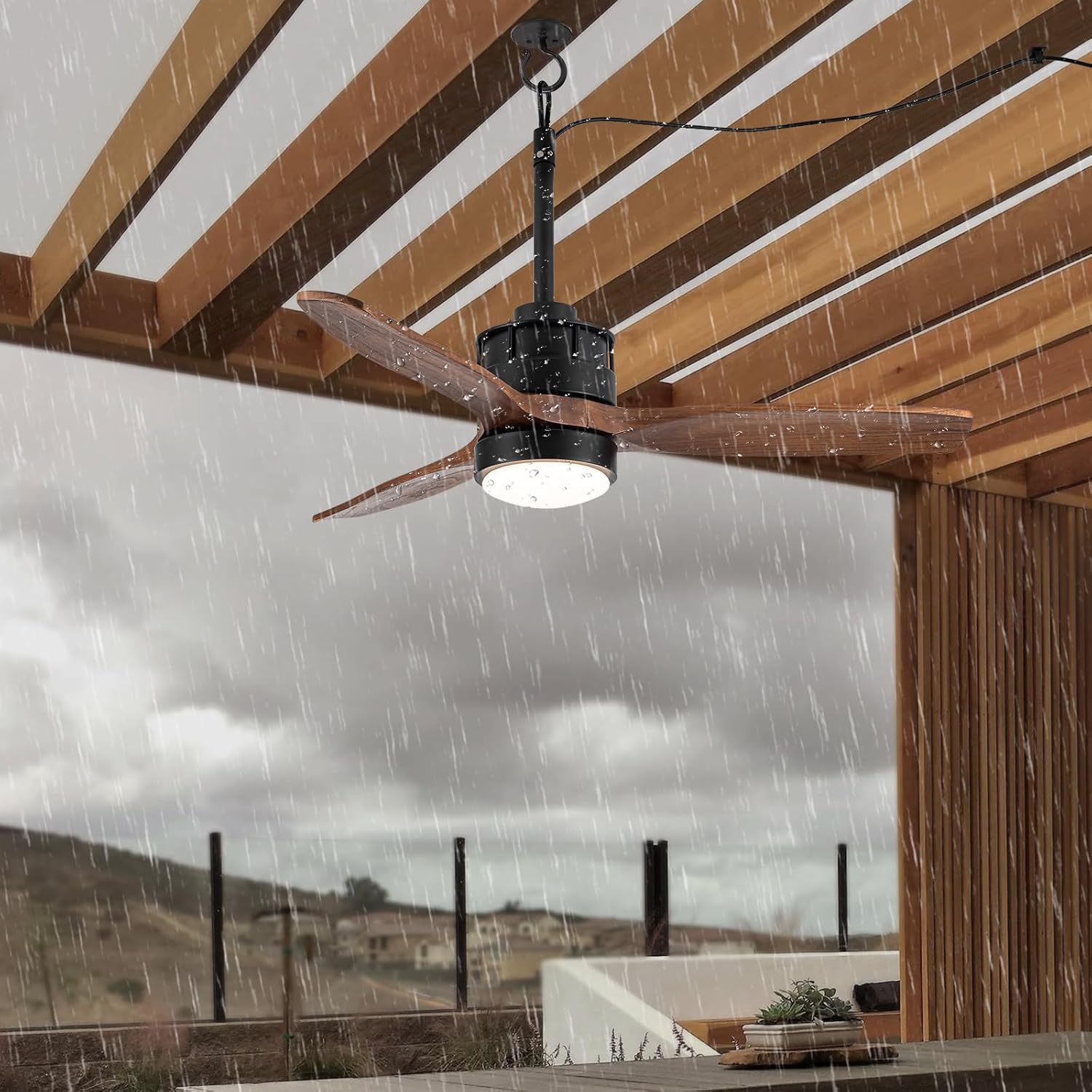 EKIZNSN 42' Waterproof Outdoor Ceiling Fan for Gazebo with Hook - Damp Rated Hanging Fan with Light