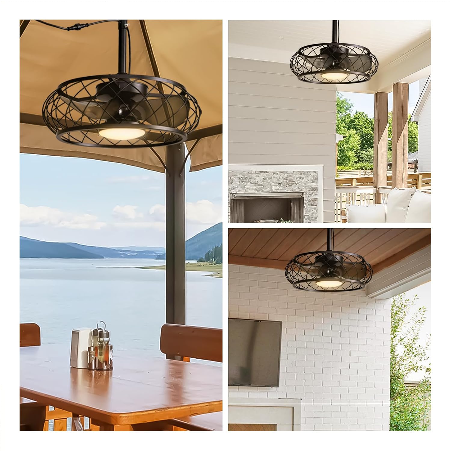 20'' Outdoor Ceiling Fan with Lights Remote Control, Outdoor Ceiling Fans with Hanging Hook, Dimmable Caged Industrial Chandelier with Fan, Fandelier for Gazebo Patio Pergola, Black