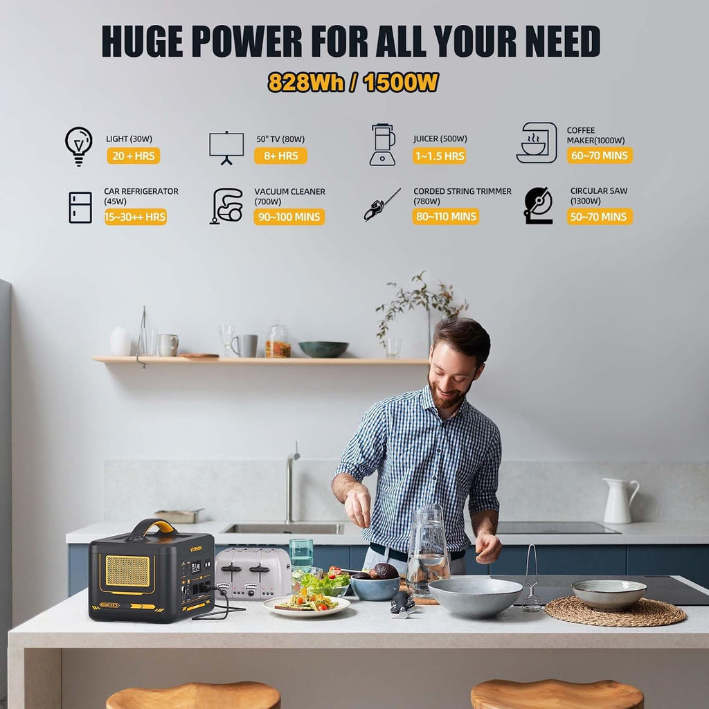 VTOMAN Jump1500X Portable Power Station, 828Wh LiFePO4 Battery Solar Generator with Jump Start, 1500W AC Outlet, 100W PD Type-C, Large Capacity Expandable to 2376Wh for Camping, RV Travel, Home Backup