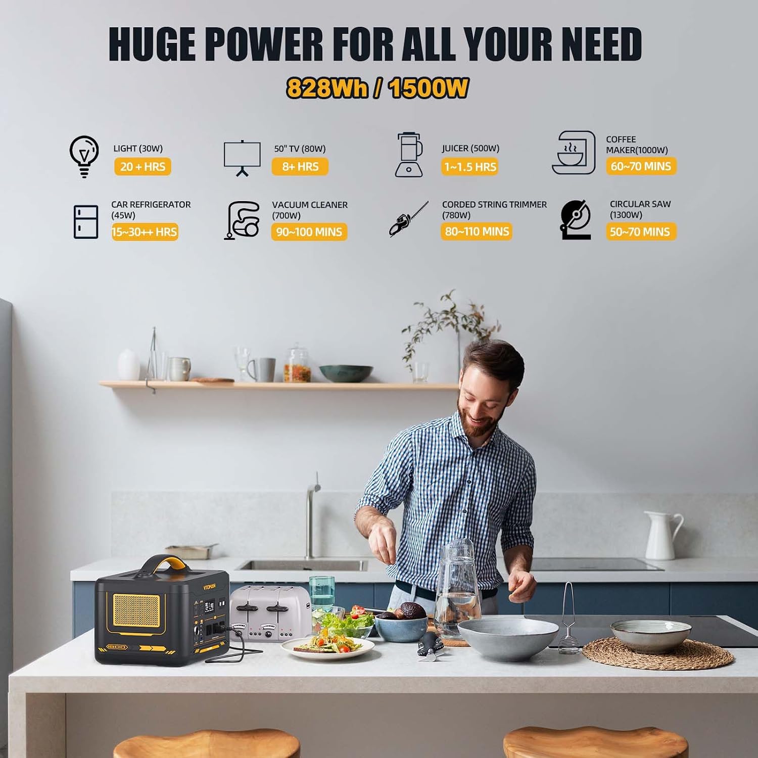 VTOMAN Jump1500X Portable Power Station, 828Wh LiFePO4 Battery Solar Generator with Jump Start, 1500W AC Outlet, 100W PD Type-C, Large Capacity Expandable to 2376Wh for Camping, RV Travel, Home Backup