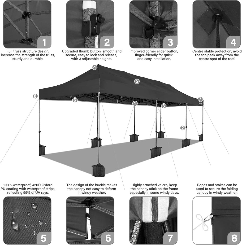 COBIZI 10x30 Heavy Duty Pop Up Canopy Tent with 8 Sidewalls Thicken Frame, Commercial Easy Up Outdoor Wedding Party Tents, All Season Waterproof Windproof with Stakes Sandbags Ropes Roller Bag, Black