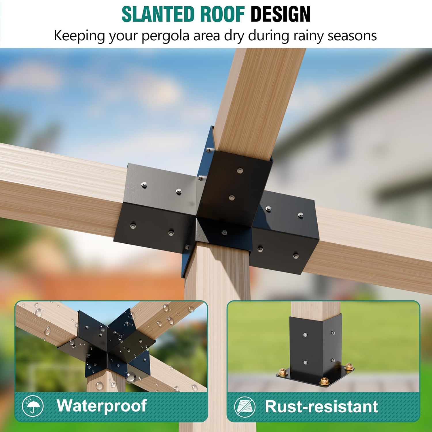 Slanted Pergola Brackets, 4PC Woodworks Pergola Kit 15° & 75° 4-Way Bracket with Post Base for 4x4'' (Actual: 3.5x3.5'') Wood Beams Elevated Wood Stand Kit