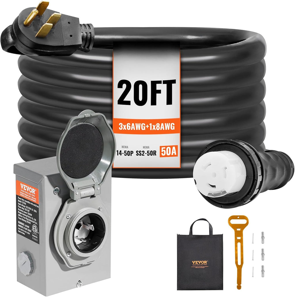 VEVOR 50 Amp Generator Cord and Power Inlet Box Kit, 20FT Generator Extension Cord NEMA 14-50P/SS2-50R STW 6/3+8/1 AWG with Twist Lock Connector, Pre-Drilled Inlet Box, ETL Listed