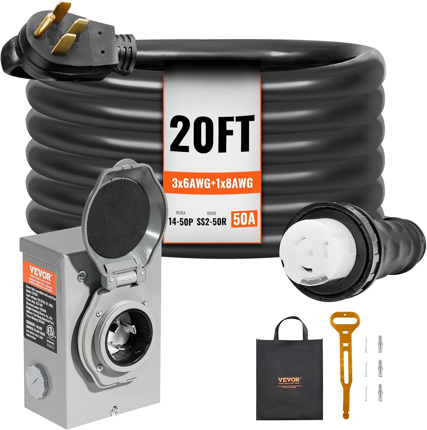 VEVOR 50 Amp Generator Cord and Power Inlet Box Kit, 20FT Generator Extension Cord NEMA 14-50P/SS2-50R STW 6/3+8/1 AWG with Twist Lock Connector, Pre-Drilled Inlet Box, ETL Listed