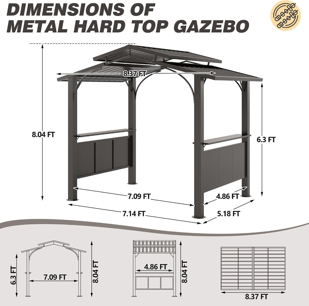 8x5Ft Hardtop Grill Gazebo,Double Tiered Roof BBQ Gazebo with 2 Side Shelves Metal Frame Grill Gazebos for Outdoor,Patio, Backyard, Garden