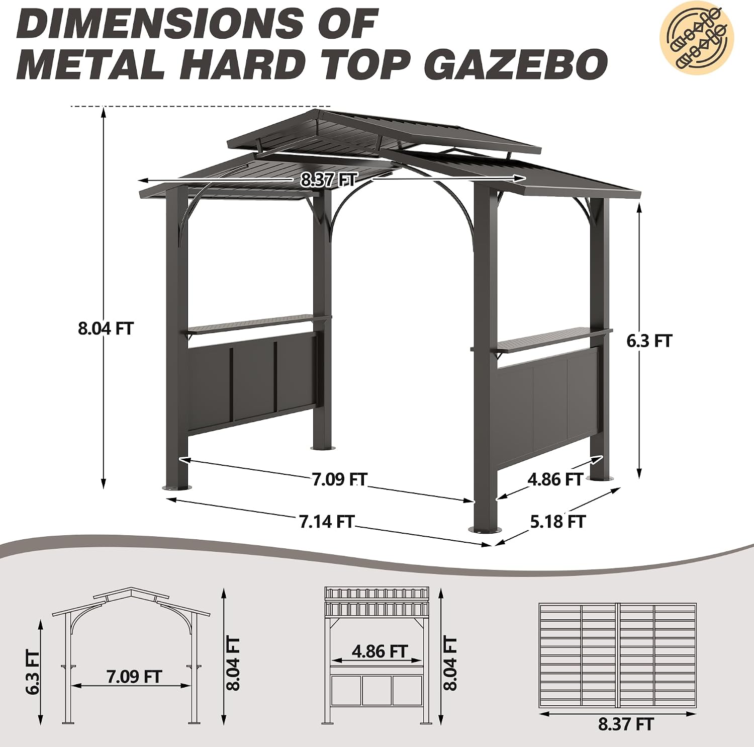 8x5Ft Hardtop Grill Gazebo,Double Tiered Roof BBQ Gazebo with 2 Side Shelves Metal Frame Grill Gazebos for Outdoor,Patio, Backyard, Garden