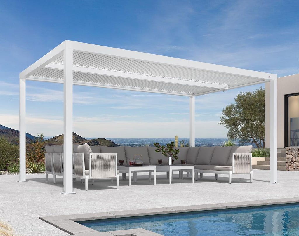 PURPLE LEAF Outdoor Louvered Pergola 10' x 16' White Aluminum Pergola Modern Shade Gazebo with 2 Independently Adjustable Rainproof Hardtop for Patio Garden Yard