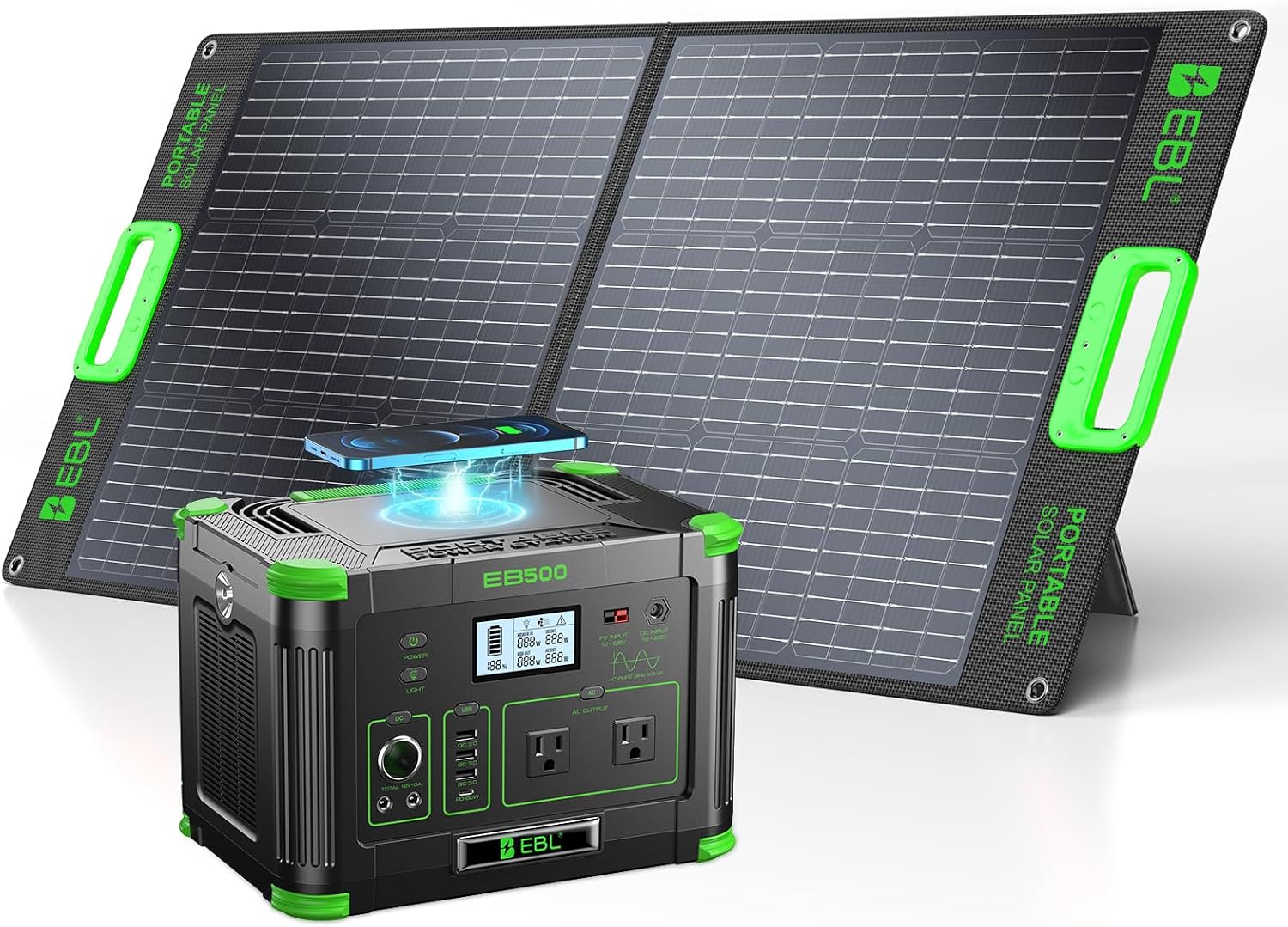 EBL 519Wh Solar Generator Kit 500W(Peak 1000W) Portable Power Station with 100W 20V Solar Panel, Backup Battery Power Supply for RV/Van Camping Fishing Climbing Road Trip Home Use