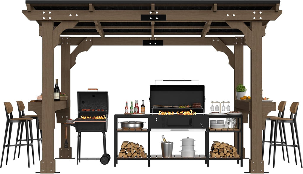 BlueWish 8' x10' Outdoor Grill Gazebo, Wood BBQ Grill Gazebo with Metal Sloping Roof, Heavy Duty Wind-Resistant Patio Gazebo with Shelves for Barbecue, Backyard, Garden, Light Mocha Brown