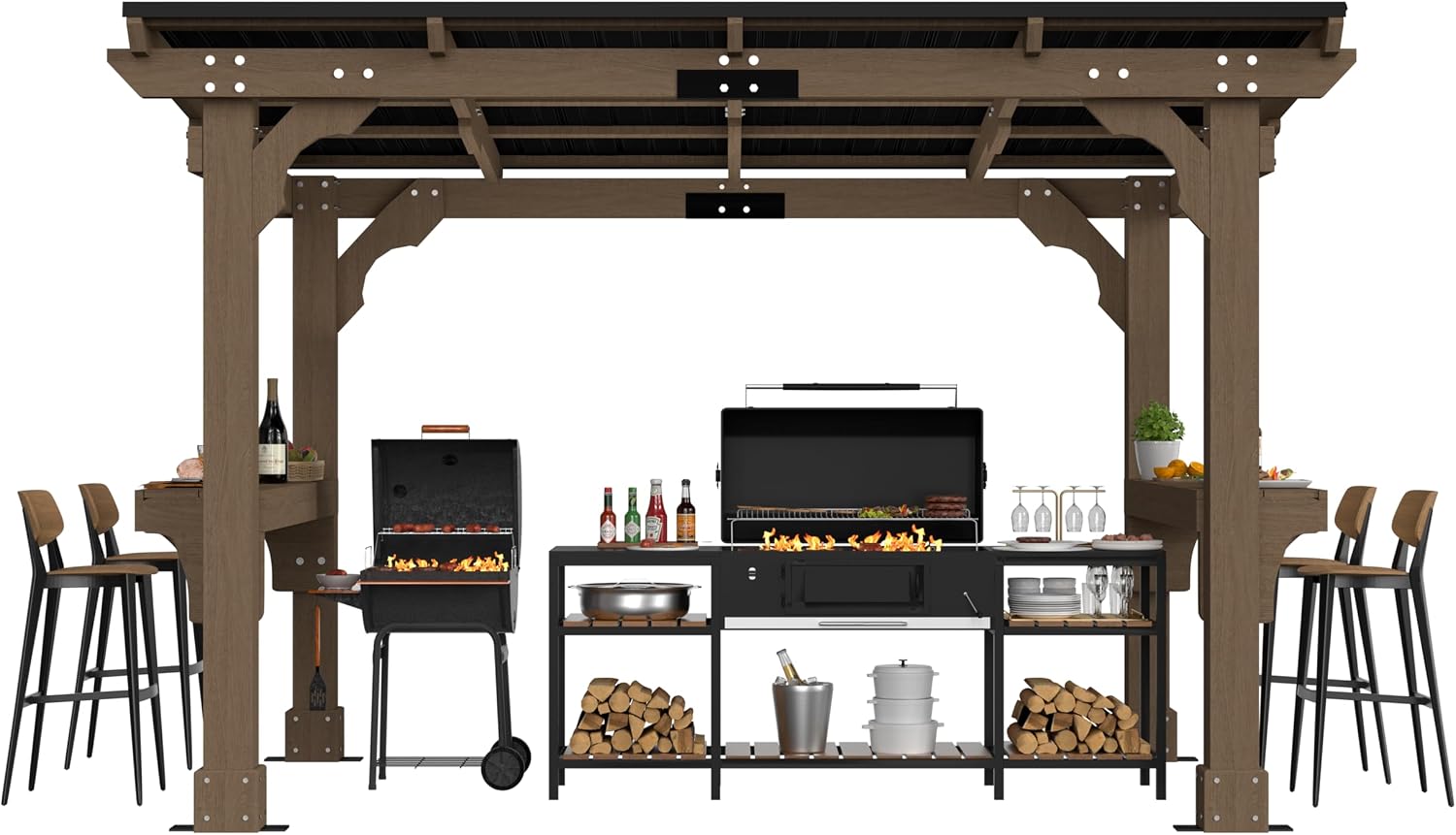 BlueWish 8' x10' Outdoor Grill Gazebo, Wood BBQ Grill Gazebo with Metal Sloping Roof, Heavy Duty Wind-Resistant Patio Gazebo with Shelves for Barbecue, Backyard, Garden, Light Mocha Brown