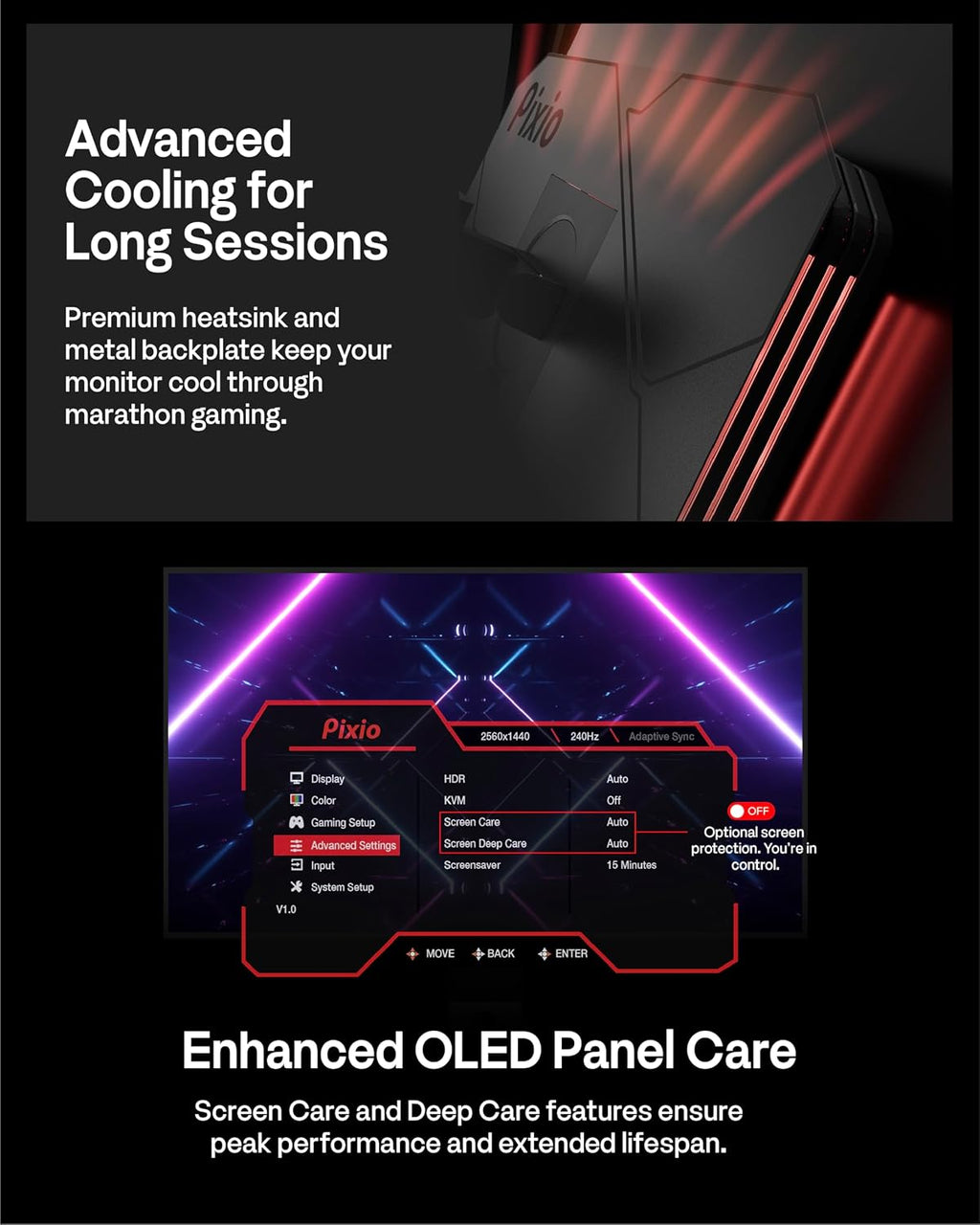 Pixio 27' WOLED Gaming Monitor, QHD 1440p, 240Hz, 0.03ms, DisplayHDR True Black 400, Adaptive Sync, KVM Switch, Fully Adjustable Stand, HDMI 2.1, DisplayPort, USB-C, RGB Light, PX277 OLED Max V2