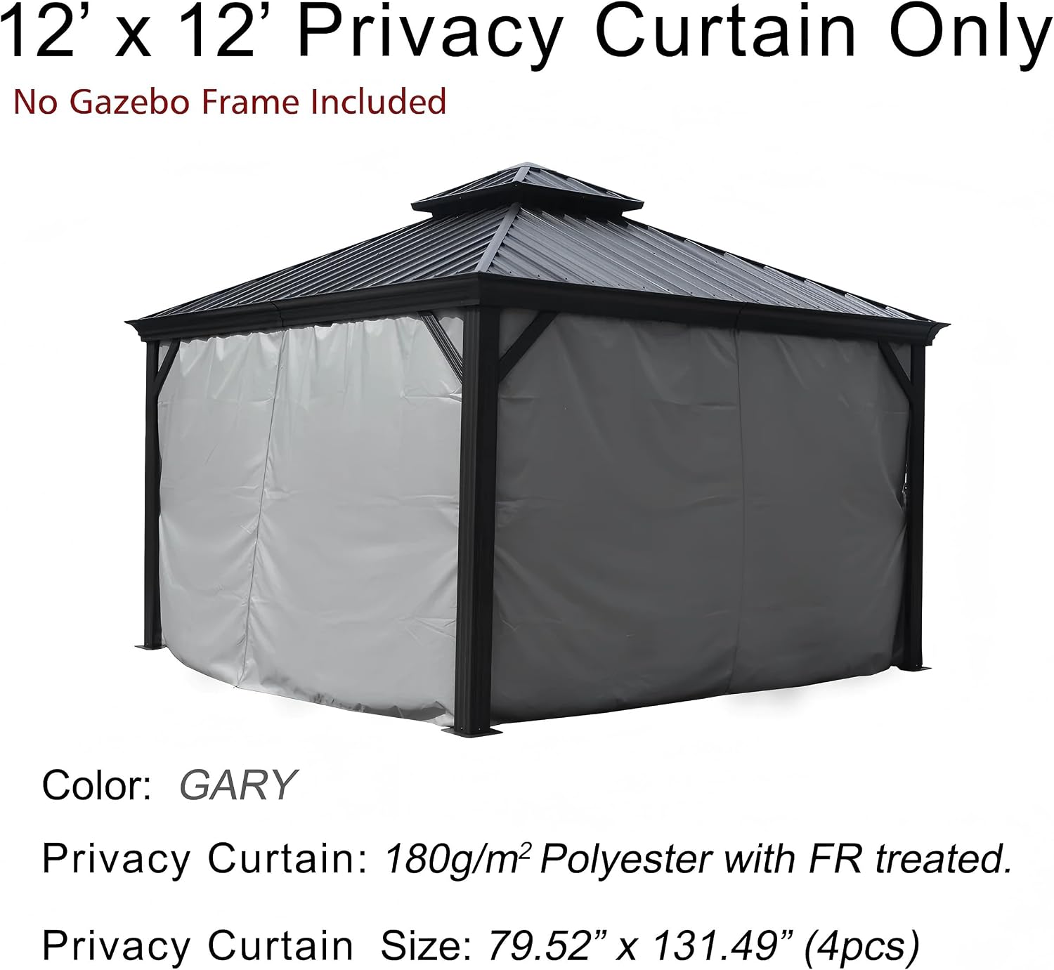 Kozyard 12' x 12'Outdoor Gazebo Privacy Curtain Sidewall, Waterproof Patio Privacy Curtain with Center-Zip Design, Replacement for Hardtop Gazebo Gray