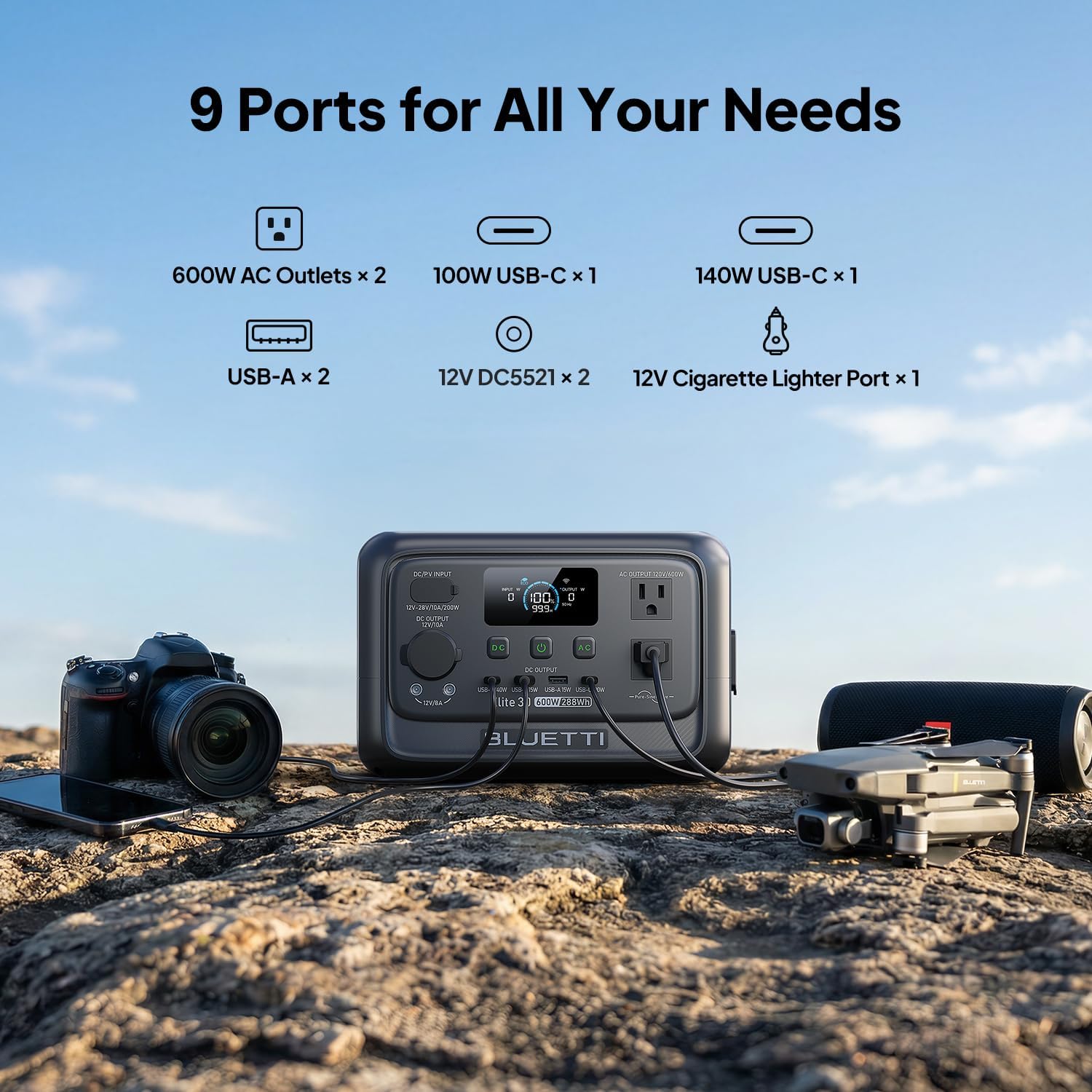 BLUETTI Elite 30 V2 Portable Power Station 600W (Power Lifting 1500W), 288Wh LiFePO4 Battery with 10ms UPS, Emergency Backup Power for Home Blackout/Winter Storm, Solar Generator for Camping/Road Trip