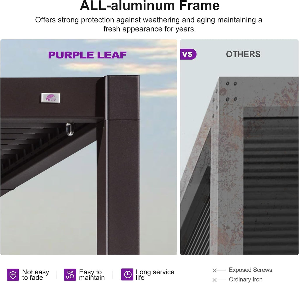 PURPLE LEAF 10' x 10' Louvered Pergola Outdoor Adjustable Louvre Shade Modern Patio Aluminum Pergola with Retractable Roof for Deck Backyard Garden Hardtop Gazebo, Bronze