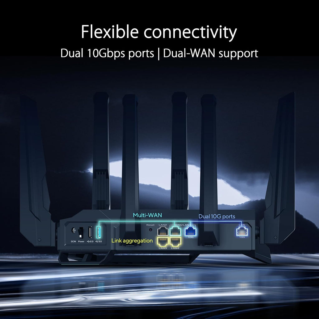 ASUS RT-BE96U BE19000 802.11BE Tri-Band Performance WiFi 7 Extendable Router with 6GHz Support, Dual 10G Port, 320Mhz, Lifetime Internet Security, MLO, Multi-RU Puncturing, AiMesh Support