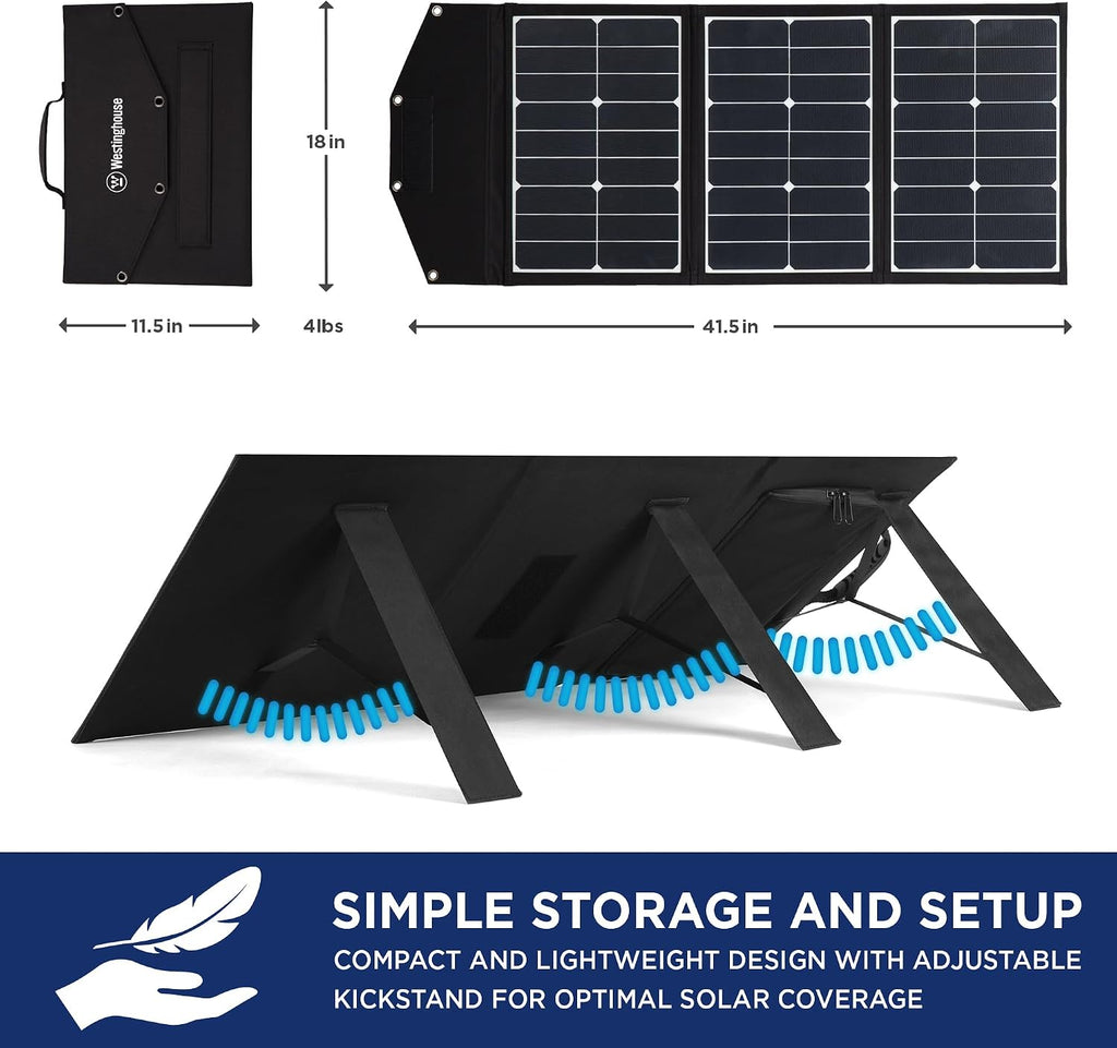 Westinghouse Portable 60W Solar Panel for Portable Power Stations, iPhone, iPad, Tablets, Laptop, with QC 3.0 USB and USB-C ports, DC Output, for Outdoors, Camping, RVs, and Travel,Black