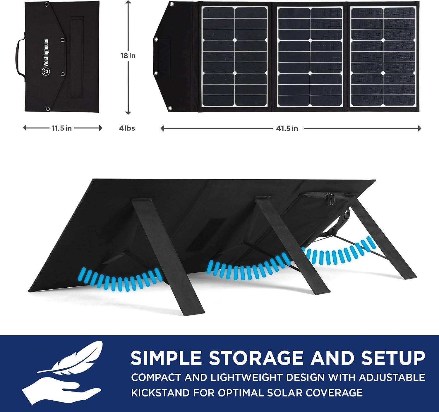 Westinghouse Portable 60W Solar Panel for Portable Power Stations, iPhone, iPad, Tablets, Laptop, with QC 3.0 USB and USB-C ports, DC Output, for Outdoors, Camping, RVs, and Travel,Black