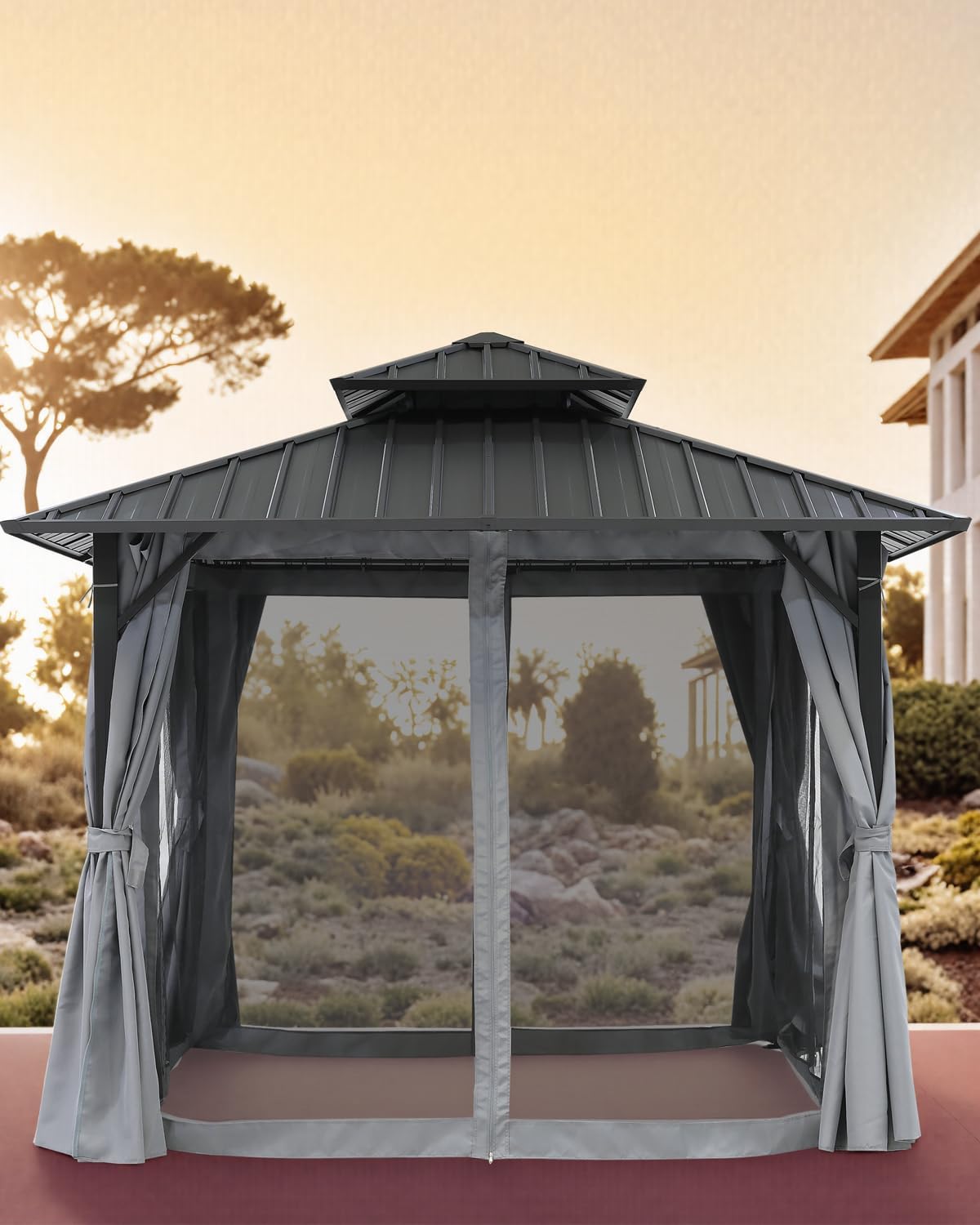 10' x 10' Hardtop Gazebo, Aluminum Frame Outdoor Patio Gazebos with Netting and Curtains, Outdoor Gazebo Canopy, Patio Pergola with Double Steel Roofs for Backyard, Patio, Deck, Slate Gray