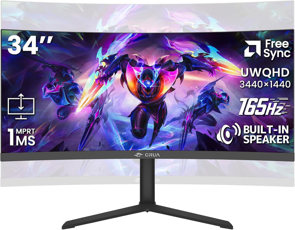 CRUA 34' Curved Gaming Monitor, 165Hz WQHD 3440x1440 UltraWide 21:9 VA, 3800R, 120% sRGB, AMD FreeSync, Built-in Speakers, Height Adjustable, Wall Mountable PC Monitor for Gaming, Streaming & Work