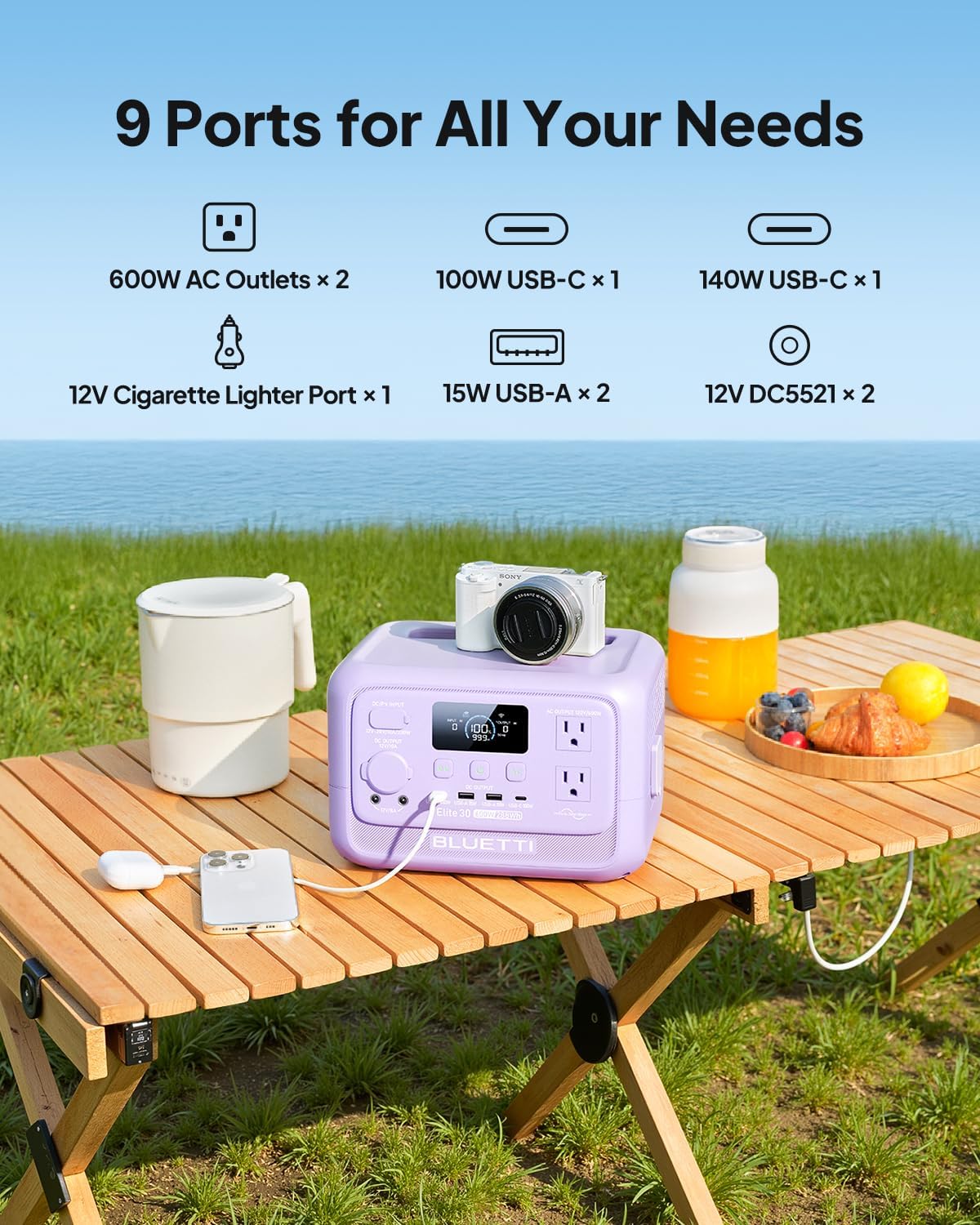BLUETTI Elite 30 V2 Portable Power Station, 288Wh Solar Generator with 600W AC Outlet (Power Lifting 1500W), Fast Charging LiFePO4 Battery, UPS Backup Power for Camping, Road Trip, Outage