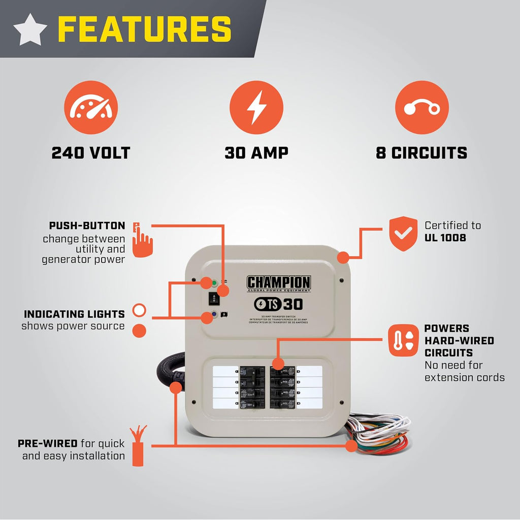 Champion Power Equipment 30-Amp Indoor-Rated Manual Transfer Switch with 25-Foot Generator Power Cord and Weather-Resistant Power Inlet Box