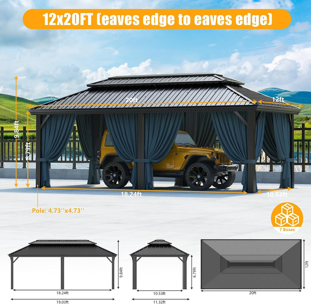 HOTEEL 12x20 Gazebo with Metal Roof Heavy Duty Hardtop Gazebo with Flame-Retardant Curtain & Netting, Hot Tub Gazebos with Galvanized Steel Double Roof, Outdoor Canopy for Patio (2025 Upgraded)
