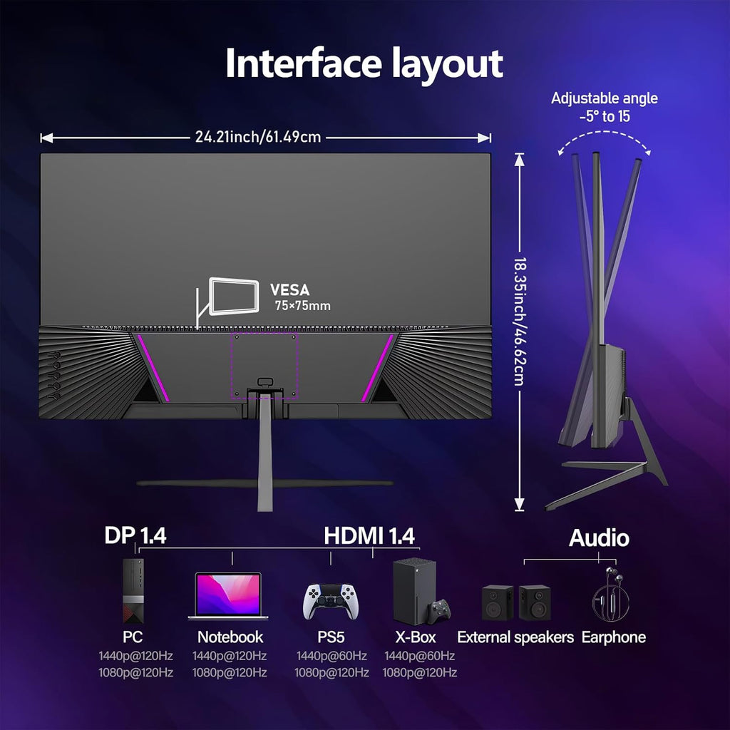Gawfolk Gaming Monitor 27 inch QHD IPS, PC Screen 120Hz 2K (2560×1440P), Ultra-Thin Zero Frame Computer Display for Home Office Business, DP, HDMI, Wall-Mounted