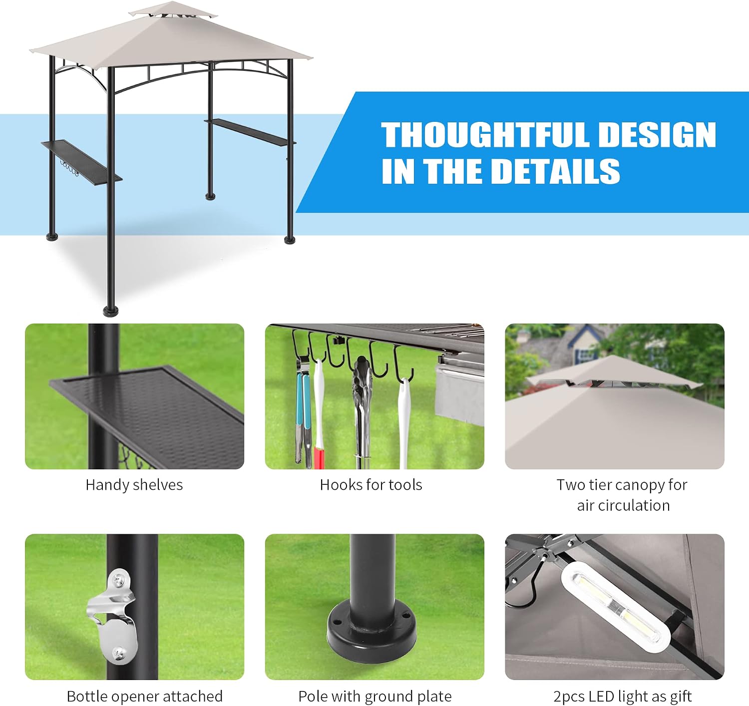 FAB BASED 5x8 Grill Gazebo, All-Weather Steel Construction, Double Tiered & Resistance Canopy Roof, Metal Serving Shelves, 2 LED and Bottle Opener for Patio, Backyard, BBQ (Light Gray)