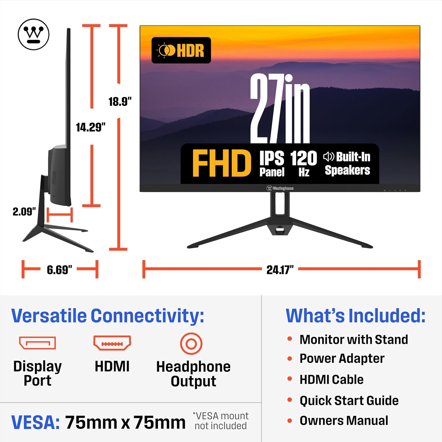 Westinghouse 27 Inch Gaming Monitor, 120Hz, 1ms, IPS Computer Monitor, 1080P FHD, Built-in Speakers, Eye Care, Adpative Sync Support (FreeSync Compatible), HDR, VGA, HDMI & DisplayPort w/Gaming Mode