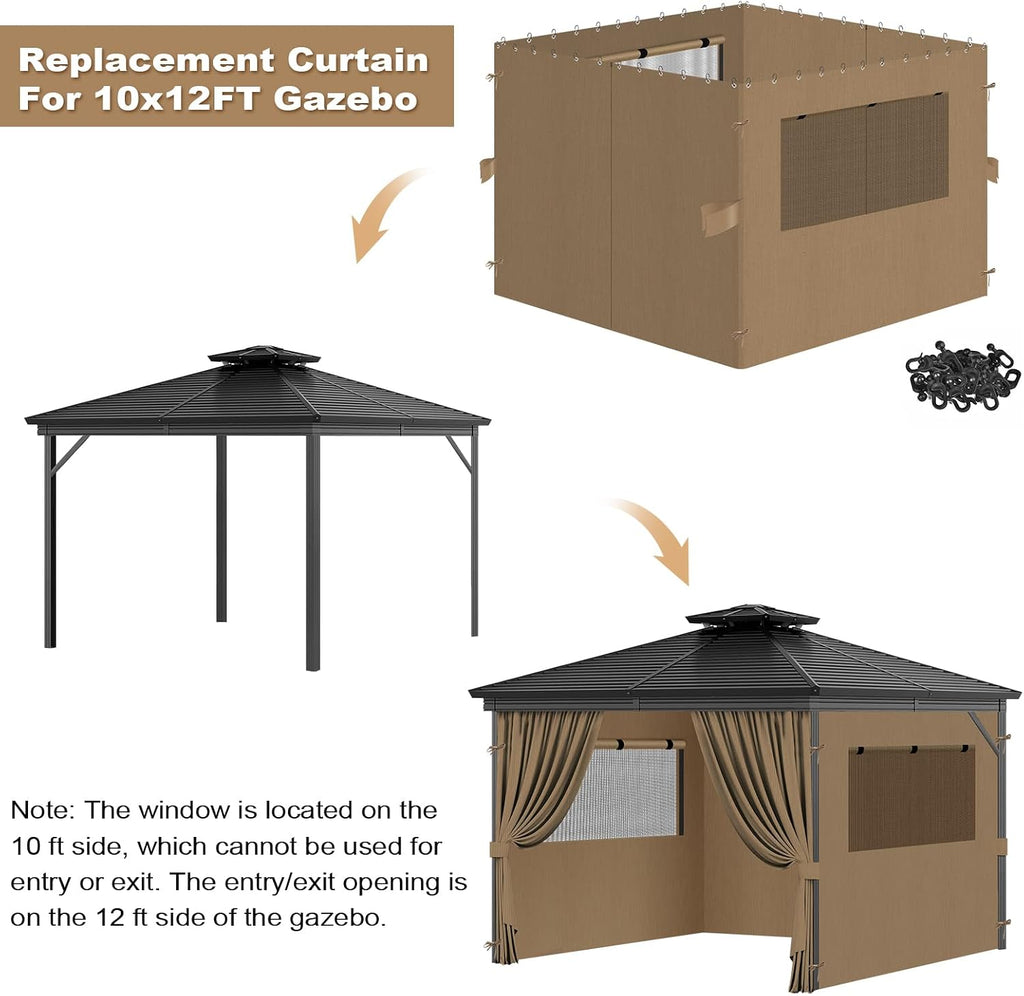 Universal Replacement Privacy Curtains for Gazebos, 10x12 ft Outdoor Waterproof with Large Mosquito-Proof Window Opening, 2-Piece Four-Sided Side Walls with Zippers (Curtains Only, Khaki)